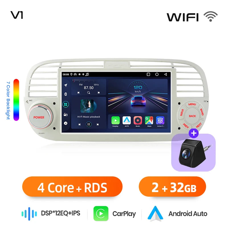 Junsun 7" Wireless CarPlay Android Auto Car Radio for Fiat 500 500C Abarth 2007-2015 Multimedia Wireless Apple CarPlay Smart Intelligent Systems IPS Touch Screen Stereo Video Player 2 Din Autoradio Head Unit Navigation BT GPS