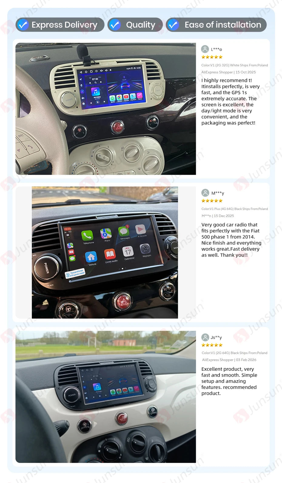 Junsun 7" Wireless CarPlay Android Auto Car Radio for Fiat 500 500C Abarth 2007-2015 Multimedia Wireless Apple CarPlay Smart Intelligent Systems IPS Touch Screen Stereo Video Player 2 Din Autoradio Head Unit Navigation BT GPS