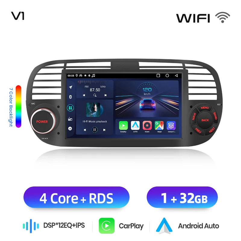 Junsun 7" Wireless CarPlay Android Auto Car Radio for Fiat 500 500C Abarth 2007-2015 Multimedia Wireless Apple CarPlay Smart Intelligent Systems IPS Touch Screen Stereo Video Player 2 Din Autoradio Head Unit Navigation BT GPS