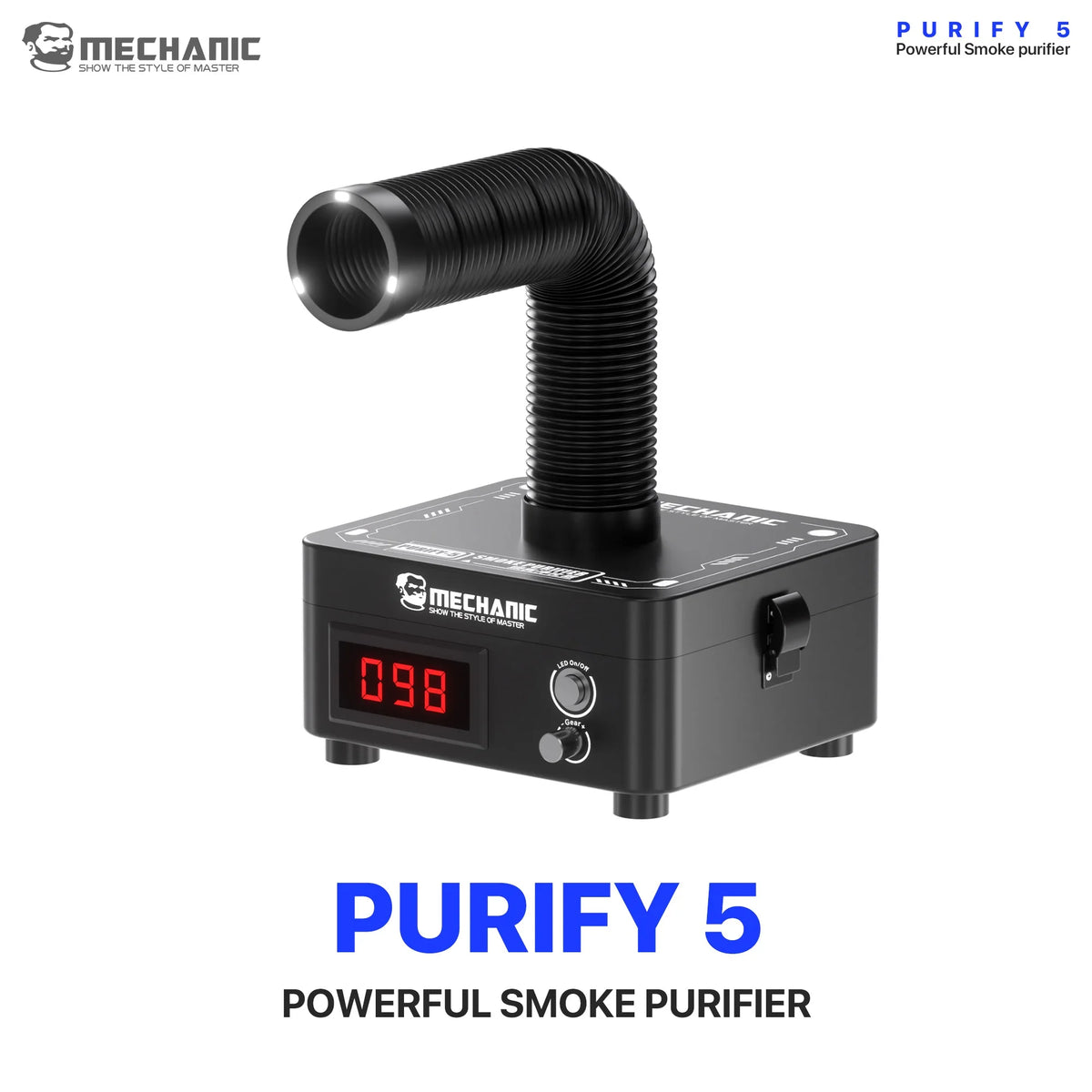 MECHANIC PURIFY-5 High Suction Airflow 3-Layer Filter Smoke Purifier Adjustable Wind 62W Powerful Flexible Hose Fume Extractor