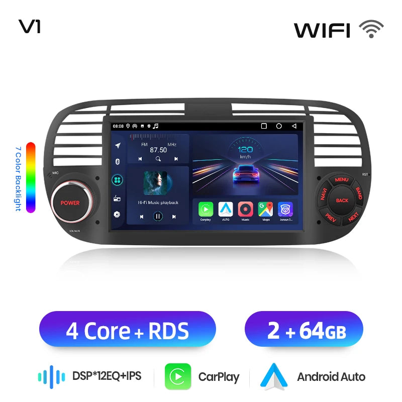Junsun 7" Wireless CarPlay Android Auto Car Radio for Fiat 500 500C Abarth 2007-2015 Multimedia Wireless Apple CarPlay Smart Intelligent Systems IPS Touch Screen Stereo Video Player 2 Din Autoradio Head Unit Navigation BT GPS
