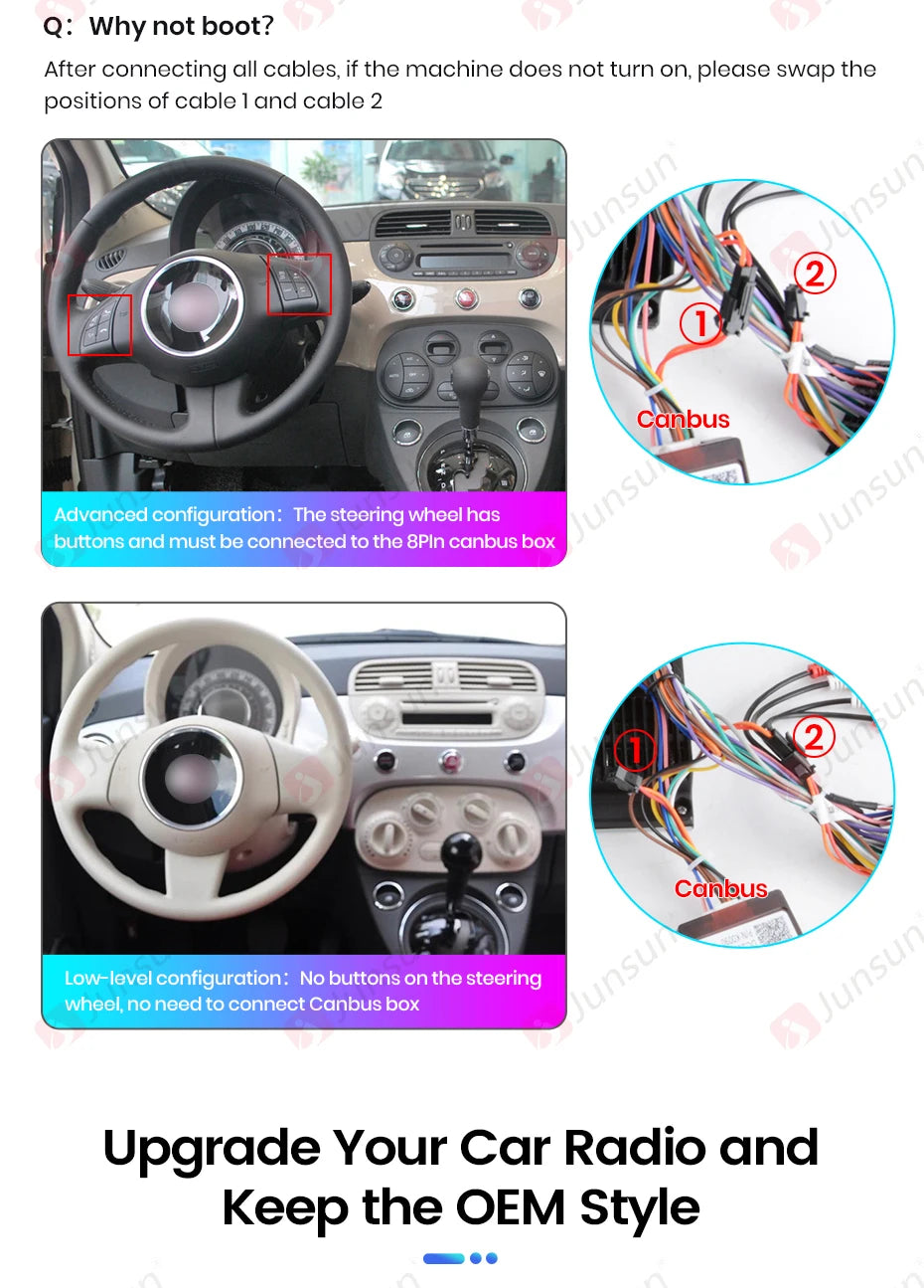 Junsun 7" Wireless CarPlay Android Auto Car Radio for Fiat 500 500C Abarth 2007-2015 Multimedia Wireless Apple CarPlay Smart Intelligent Systems IPS Touch Screen Stereo Video Player 2 Din Autoradio Head Unit Navigation BT GPS