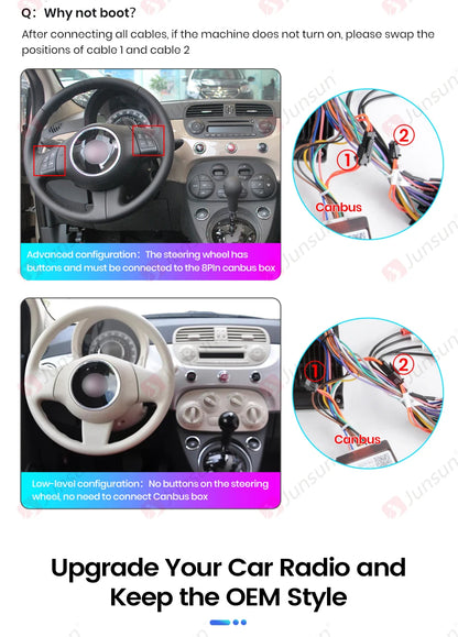 Junsun 7" Wireless CarPlay Android Auto Car Radio for Fiat 500 500C Abarth 2007-2015 Multimedia Wireless Apple CarPlay Smart Intelligent Systems IPS Touch Screen Stereo Video Player 2 Din Autoradio Head Unit Navigation BT GPS