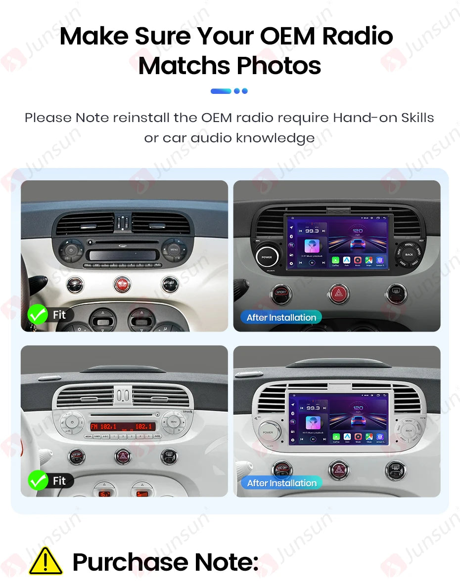 Junsun 7" Wireless CarPlay Android Auto Car Radio for Fiat 500 500C Abarth 2007-2015 Multimedia Wireless Apple CarPlay Smart Intelligent Systems IPS Touch Screen Stereo Video Player 2 Din Autoradio Head Unit Navigation BT GPS
