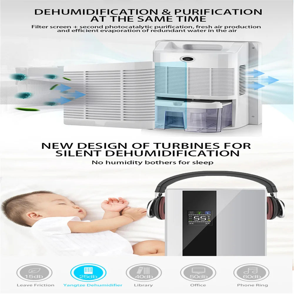 2 in 1 Dehumidifier and Air Purifier Moisture Absorber Household Mute Bedroom Basement Remote Control Timing External Water Pipe