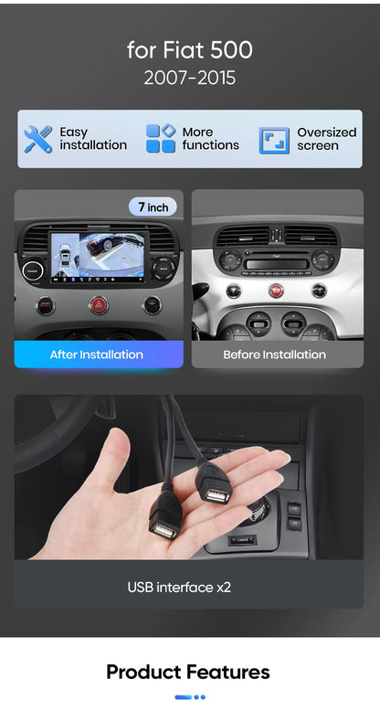 Junsun 7" Wireless CarPlay Android Auto Car Radio for Fiat 500 500C Abarth 2007-2015 Multimedia Wireless Apple CarPlay Smart Intelligent Systems IPS Touch Screen Stereo Video Player 2 Din Autoradio Head Unit Navigation BT GPS