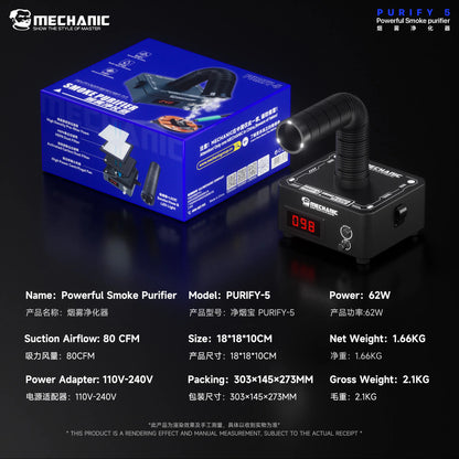 MECHANIC PURIFY-5 High Suction Airflow 3-Layer Filter Smoke Purifier Adjustable Wind 62W Powerful Flexible Hose Fume Extractor