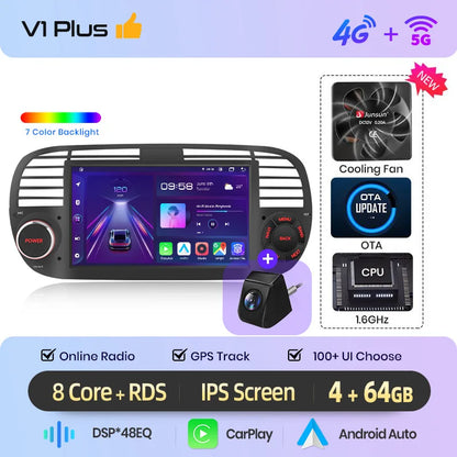 Junsun 7" Wireless CarPlay Android Auto Car Radio for Fiat 500 500C Abarth 2007-2015 Multimedia Wireless Apple CarPlay Smart Intelligent Systems IPS Touch Screen Stereo Video Player 2 Din Autoradio Head Unit Navigation BT GPS