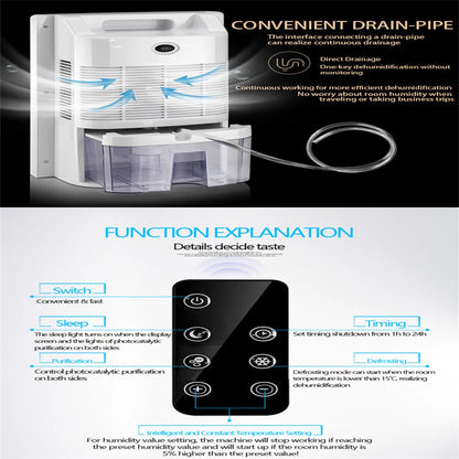 2 in 1 Dehumidifier and Air Purifier Moisture Absorber Household Mute Bedroom Basement Remote Control Timing External Water Pipe