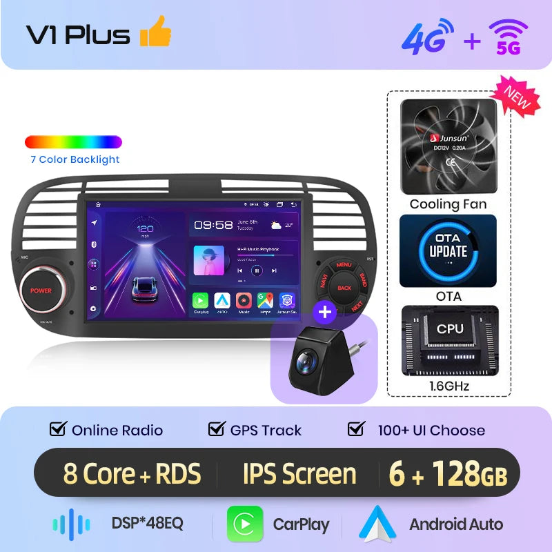 Junsun 7" Wireless CarPlay Android Auto Car Radio for Fiat 500 500C Abarth 2007-2015 Multimedia Wireless Apple CarPlay Smart Intelligent Systems IPS Touch Screen Stereo Video Player 2 Din Autoradio Head Unit Navigation BT GPS