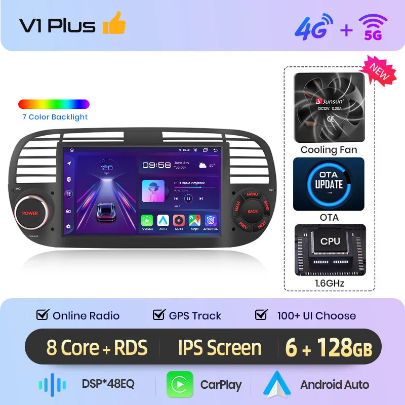 Junsun 7" Wireless CarPlay Android Auto Car Radio for Fiat 500 500C Abarth 2007-2015 Multimedia Wireless Apple CarPlay Smart Intelligent Systems IPS Touch Screen Stereo Video Player 2 Din Autoradio Head Unit Navigation BT GPS