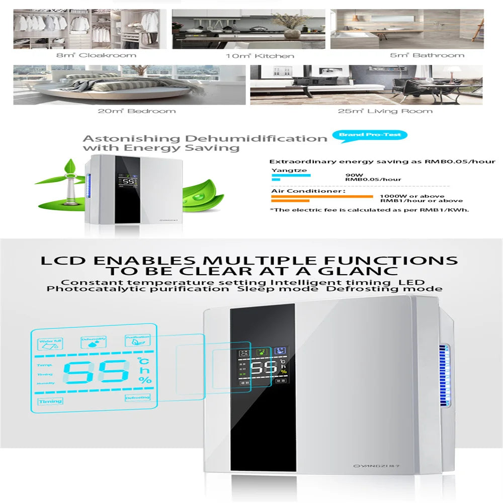 2 in 1 Dehumidifier and Air Purifier Moisture Absorber Household Mute Bedroom Basement Remote Control Timing External Water Pipe